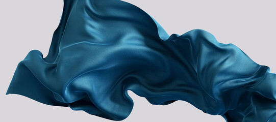 Wall Mural - fabric blue material 3d illustration, flying cloth abstract design element, satin scarf movement in the air.
