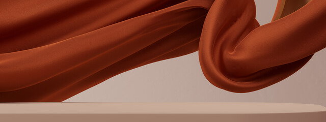 Elegant Floating brown textile in air, cloth dynamic abstract product display background, fabric fly 3d rendering