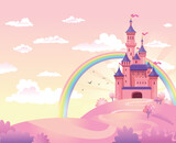 Fototapeta Pokój dzieciecy - FairyTale landscape, the road leading to the princess castle. Vector illustration