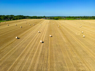 Wall Mural - Mid level aspect view over a wheat field with bales of straw ready for collection in the English countryside farmland