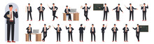 Young Male Teacher Showing Different Poses And Gestures Set Vector Illustration. Cartoon Man In Suit Holding Pointer And Globe, Guy Explaining On Lecture In Front, Side And Back View Isolated On White