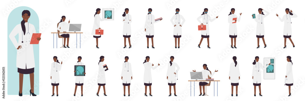 African american black female doctor poses set vector illustration ...