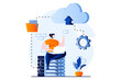 © alexdndz - SaaS concept with people scene in flat cartoon design. Woman exchanges files and information and computing using cloud technology. Software as a service. Illustration visual story for web