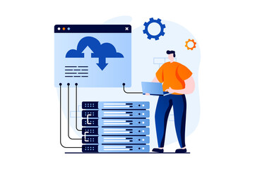 Poster - SaaS concept with people scene in flat cartoon design. Man computing using cloud technology, programming and working with hosting. Software as a service. Illustration visual story for web