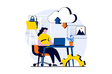 Wall Mural - saas concept with people scene in flat cartoon design. woman working with data, uploading and downlo