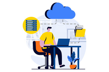 Poster - Server maintenance concept with people scene in flat cartoon design. Man making settings and optimization connection of internet provider and fixing problems. Illustration visual story for web