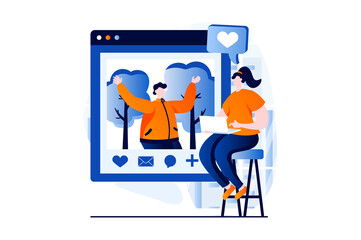 Aufkleber - Social network concept with people scene in flat cartoon design. Woman looks at man's online profile, likes and comments on his posts with photos using laptop. Illustration visual story for web