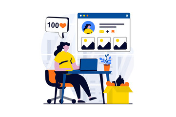 Aufkleber - Social network concept with people scene in flat cartoon design. Woman edits her online profile using laptop, posting photos, sharing digital content online. Illustration visual story for web
