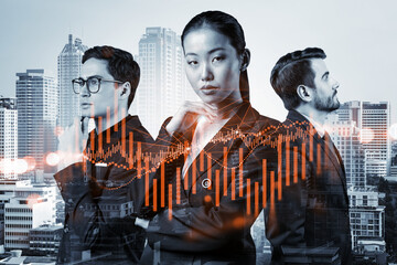 Wall Mural - Group of business colleagues in suits as a part of multinational corporate team working on forecasting trading corporate strategy at fund. Forex chart. Bangkok on background. Double exposure