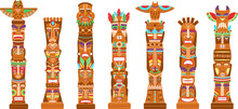 Mask Totem Poles. Hawaii Tiki Totems, Ancient Mythological Symbols Indigenous Americans. Tribal Masks, Cartoon Native Indian Decent Vector Sculptures