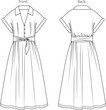 Vector sleeveless long dress fashion CAD, woman v-neck dropped shoulder dress with belt technical drawing, template, flat, sketch. Jersey or woven fabric maxi dress with front, back view, white color