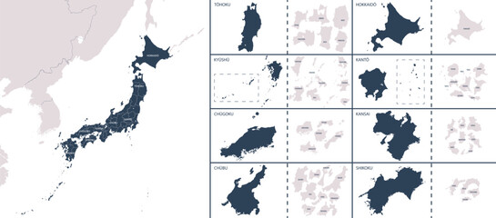 Wall Mural - Vector detailed map Japan with the administrative divisions of the country, each region is presented separately, detailed and divided into prefectures