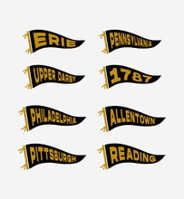 Vintage Pennants Philadelphia, Allentown, Pittsburgh, Reading, Erie, Pennsylvania, Upper Darby, 1787. Retro Colors Labels. Vintage Hand Drawn Wanderlust Style. Isolated On White Background. 