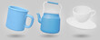 Set of kettle , camping mug and cup isolated on blue background. 3D render Vector illustration.