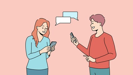 smiling man and woman texting online on smartphones. happy couple chat on internet on cellphones. da