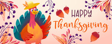 Cartoon Turkey Thanksgiving Character Autumn Banner. Happy Thanksgiving Background. Funny Bird With Hat Character. Autumn Bird Cute Turkey