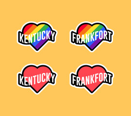 Pride day labels or sticker collection in flat design. Kentucky, Frankfort red and rainbow LGBT heart stickers. I love Kentucky, Frankfort. T-shirt design vector.