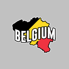 Belgium vector map silhouette illustration isolated on black background. Sticker, made in Belgium, map, silhouette, flag, emblem, identity, nation.