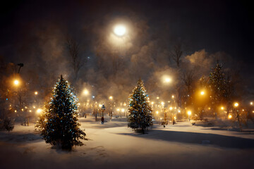 snowy christmas night in abstract snow covered park illuminated with warm lights - neural network generated ai art, picture produced with ai in 2022