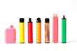 A set of colorful disposable electronic cigarettes of different shapes on a white background. modern smoking.