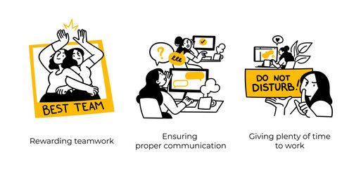 Productive Workflow Organization - abstract business concept illustrations. Rewarding teamwork, Ensuring proper communication, Time to work. Visual stories collection