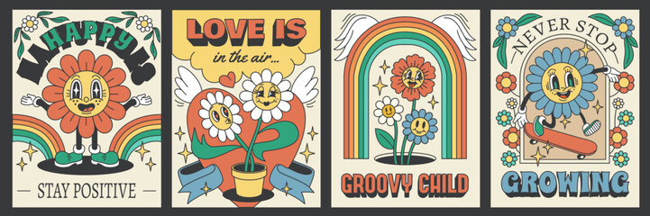 groovy daisy flower posters. psychedelic chamomiles with phrases, retro style faces, 70s hippie card
