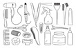 Vector set of outline hairdresser tools. Hand drawn barber equipment. Hair dryer, curling and flat iron, scissors, comb, brush in freehand style. Beauty objects