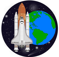 Wall Mural - space shuttle with rocket boosters close to the earth planet of solar system. round vector illustrat