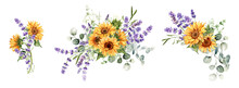 Sunflower And Lavender Flowers Set. Watercolor Rustic Floral Bouquet.  Ilustration Isolated On White Background. Perfect For Greeting Card, Provence Decor, Rustic Wedding Invitation