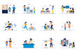 © alexdndz - Learning process concept with tiny people scenes set in flat design. Bundle of boys and girls learning to read, drawing, ride scooter, cycling, cook at home with mentors. Vector illustration for web