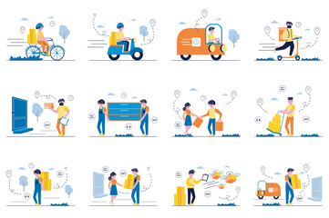 Wall Mural - Delivery concept with tiny people scenes set in flat design. Bundle of courier delivery, truck transportation, loaders working, flying drone with parcels, fast shipping. Vector illustration for web