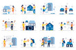 Real estate concept with tiny people scenes set in flat design. Bundle of men and women searching and buying homes and apartments, realtors sell houses and contracting. Vector illustration for web