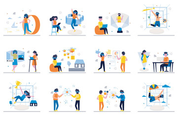 Aufkleber - Virtual reality concept with tiny people scenes set in flat design. Bundle of men and women in VR glasses playing games in cyberspace, working at screens and interacting. Vector illustration for web