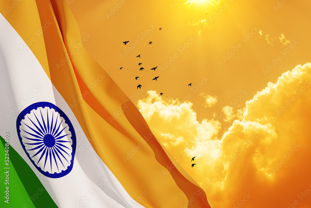 Waving India flag on sunset sky with flying birds. Background with ...