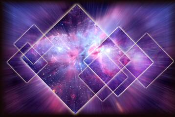 Wall Mural - nebula galaxy space with geometric frames like abstract cosmic galactic artistic background or wallart in very peri purple color .