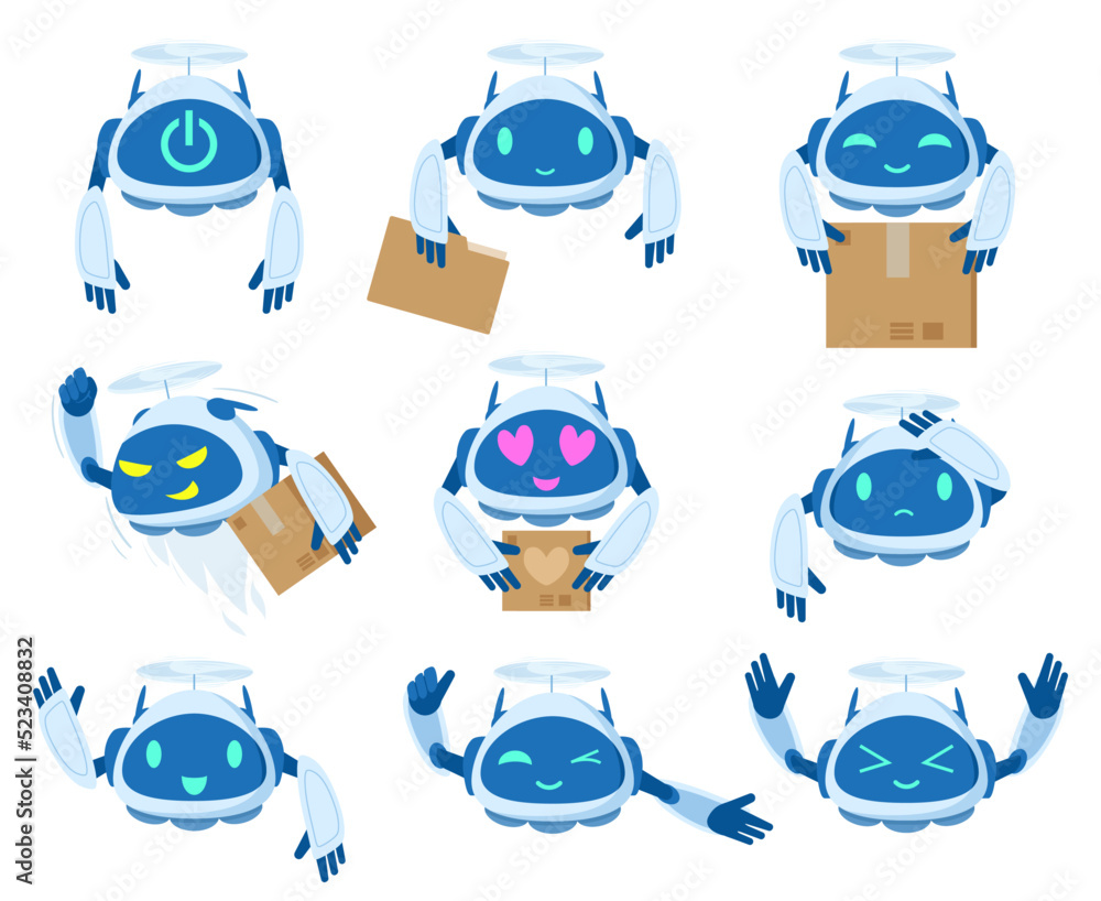 Cartoon aerial robot drones, cargo delivery quadrocopters mascots ...