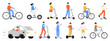 Eco friendly transportation, people riding electric vehicles. Characters ride scooter, skateboard, bike and skateboard flat vector illustration set. Modern eco transport riders