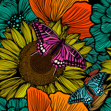Tropical Pattern With Multicolored Hand Drawn Elements And Funny Background. Leaves Pattern . Seamless Flowers With Butterfly. Vector Illustration