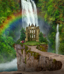Wall Mural - waterfalls and castle. 3D