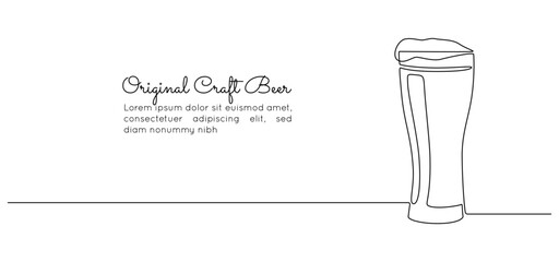 Aufkleber - Beer glass with foam in continuous one line drawing. Craft bavarian alcohol drink in simple linear style for bar and pub concept for menu. Oktoberfest equipment. Doodle Vector illustration
