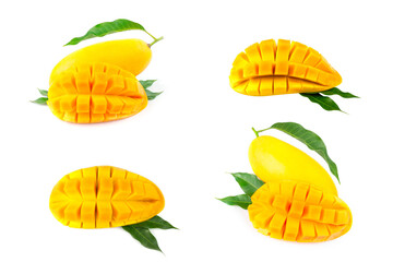 Wall Mural - Mango fruit with mango cubes and slices. Isolated on a white background. The collection mango