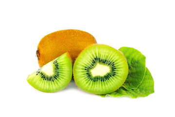 Wall Mural - Ripe whole kiwi fruit and half kiwi fruit and green leaves isolated on white background