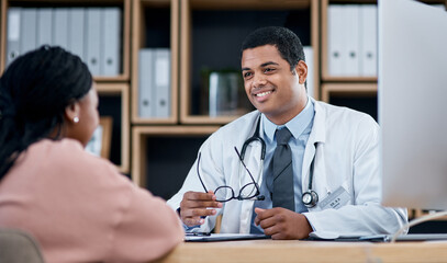 Aufkleber - Doctor talking to patient about medical diagnosis or healthcare at an appointment or inside a clinic office. Smiling professional male physician giving good advice to client in checkup consultation