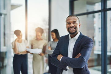 Aufkleber - Smiling, happy and modern business man happy about teamwork success and team collaboration. Portrait of a smart and successful boss enjoying his job. Corporate executive leader ready to work
