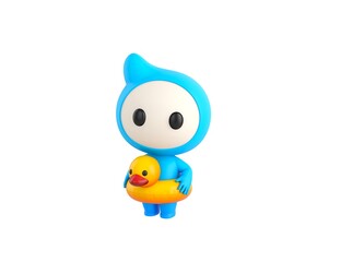 Poster - Blue Monster character with inflatable duck ring in 3d rendering.