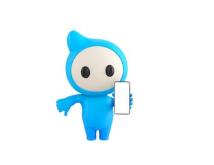 Poster - Blue Monster character show his phone and give thumb down in 3d rendering.