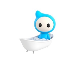  Blue Monster character lying in bath tub with foam in 3d rendering.