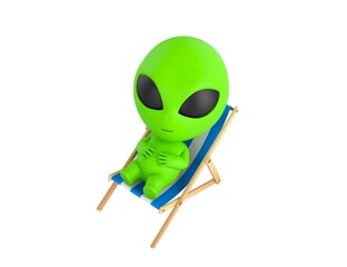 Wall Mural - Little Alien character sit on beach chair in 3d rendering.