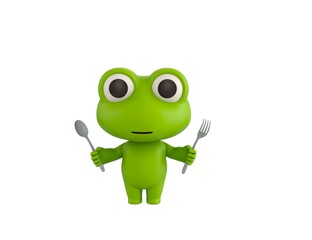 Wall Mural - Little Frog character holding fork and spoon in 3d rendering.