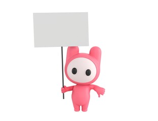 Wall Mural - Pink Monster character holding a blank billboard and give thumb down in 3d rendering.